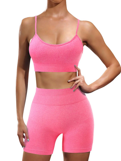 Ourgifts Workout Sets for Women 2 Piece Outfits Seamless High Waisted Workout Shorts Women with Sports Bra Sets Gym Clothes (Our10M-Hot Pink)
